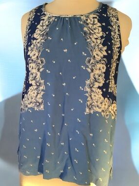 LOFT Blue Floral Border Print Sleeveless blouse
